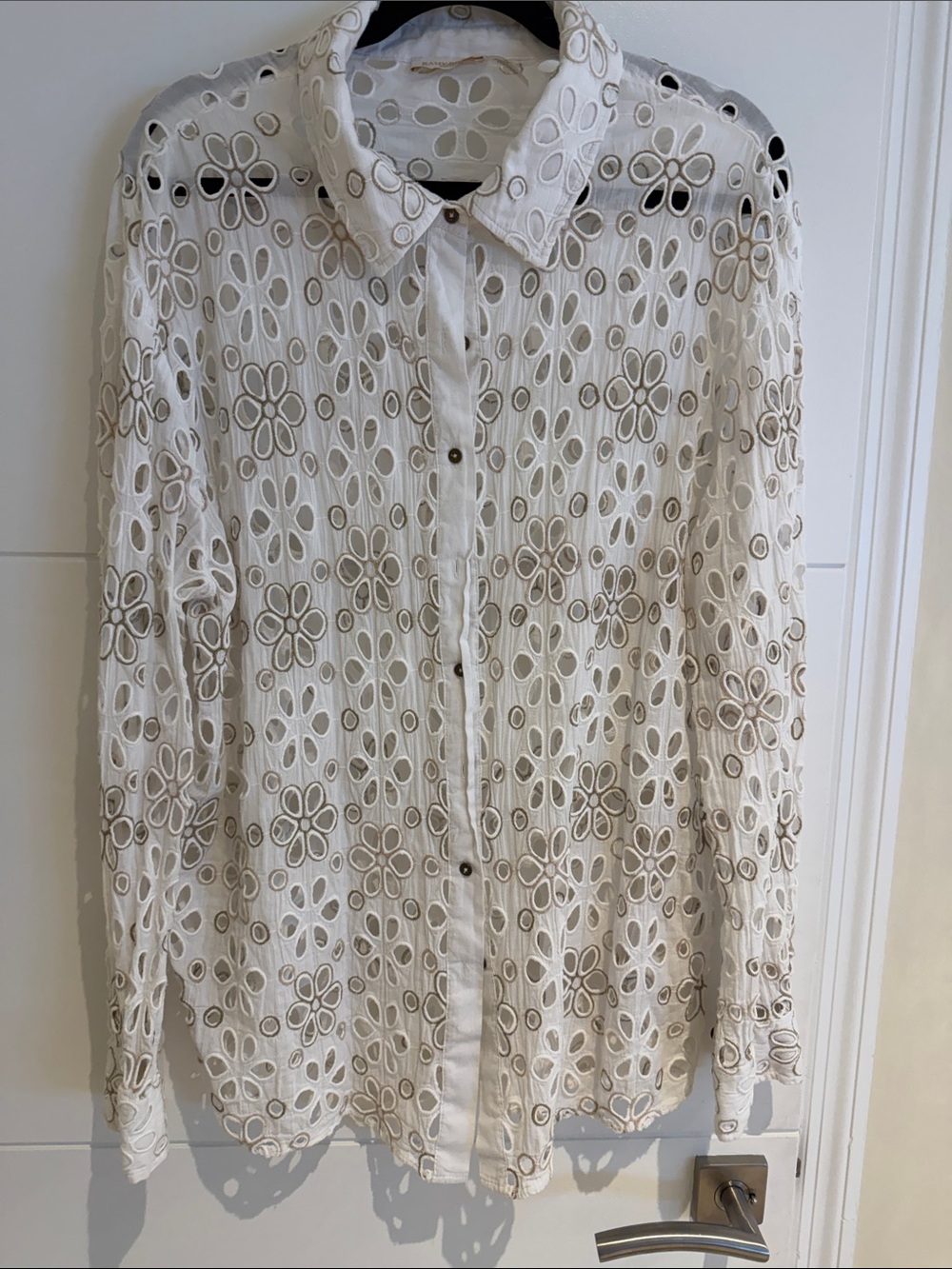Ramy Brook White Eyelet Floral Button-Down Shirt - Large